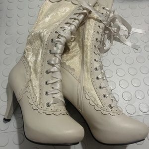 Cream Victorian Lace Boots Knee High Sz 8